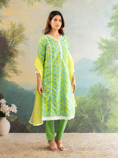 Floral Parrot Green Lace Work Cotton Suit