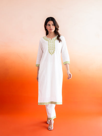 Avni White & Green Cotton Suit