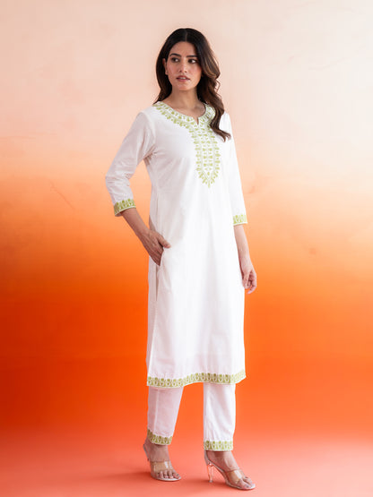 Avni White & Green Cotton Suit