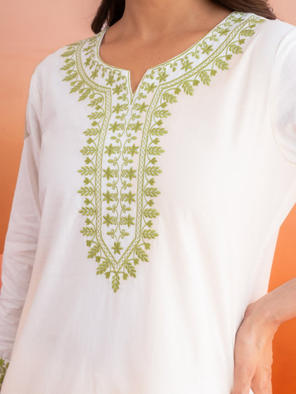 Avni White & Green Cotton Suit