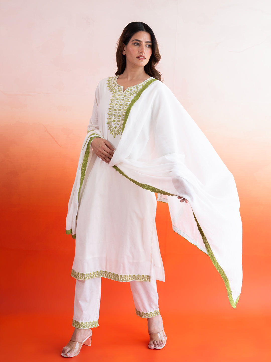Avni White & Green Cotton Suit