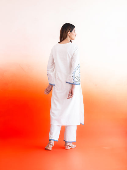 Classic White Blue Lace Work Cotton Suit