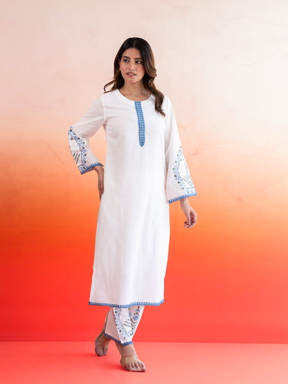 Classic White Blue Lace Work Cotton Suit