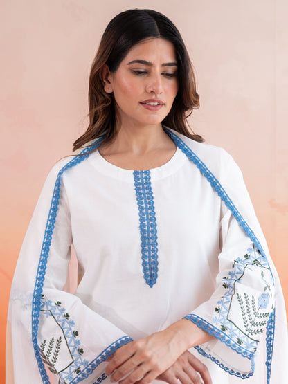 Classic White Blue Lace Work Cotton Suit