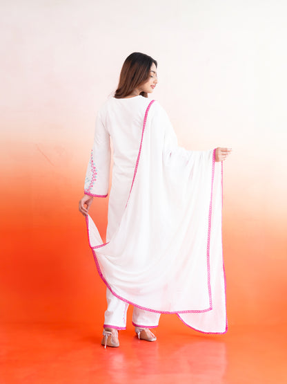 Classic White Pink Lace Work Cotton Suit