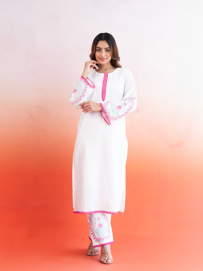 Classic White Pink Lace Work Cotton Suit