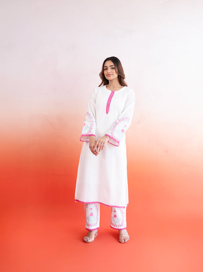 Classic White Pink Lace Work Cotton Suit