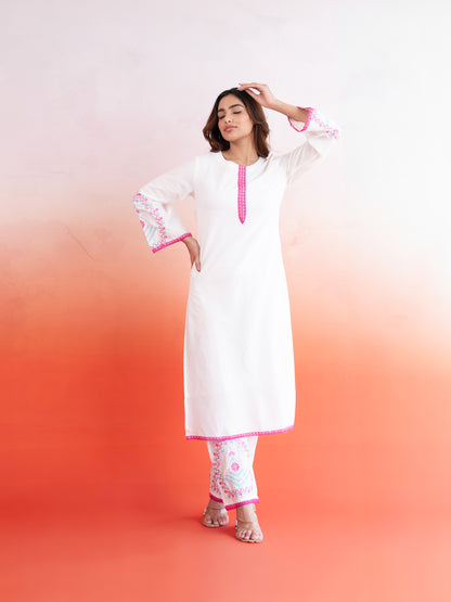 Classic White Pink Lace Work Cotton Suit
