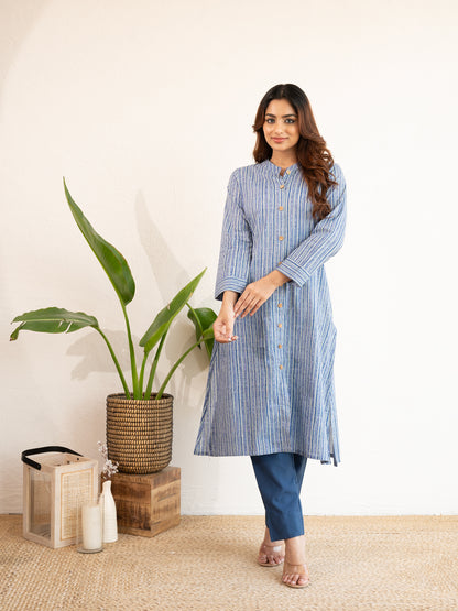 Blue Stripe Printed A-Line Cotton Kurta