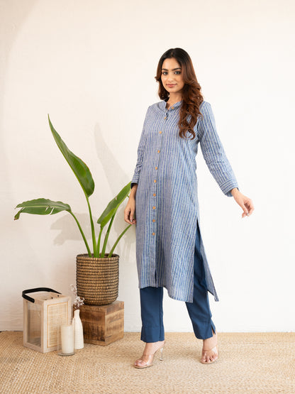 Blue Stripe Printed A-Line Cotton Kurta
