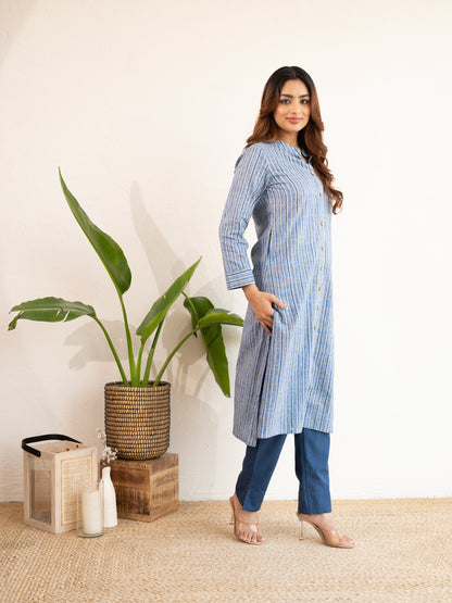 Blue Stripe Printed A-Line Cotton Kurta