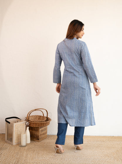 Blue Stripe Printed A-Line Cotton Kurta