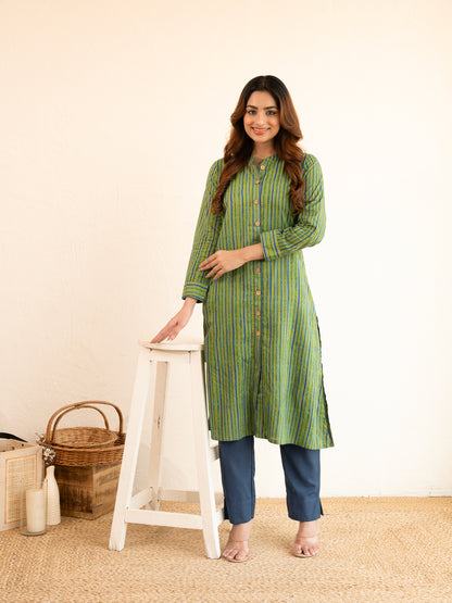 Green Stripe Printed A-Line Cotton Kurta