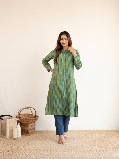 Green Stripe Printed A-Line Cotton Kurta