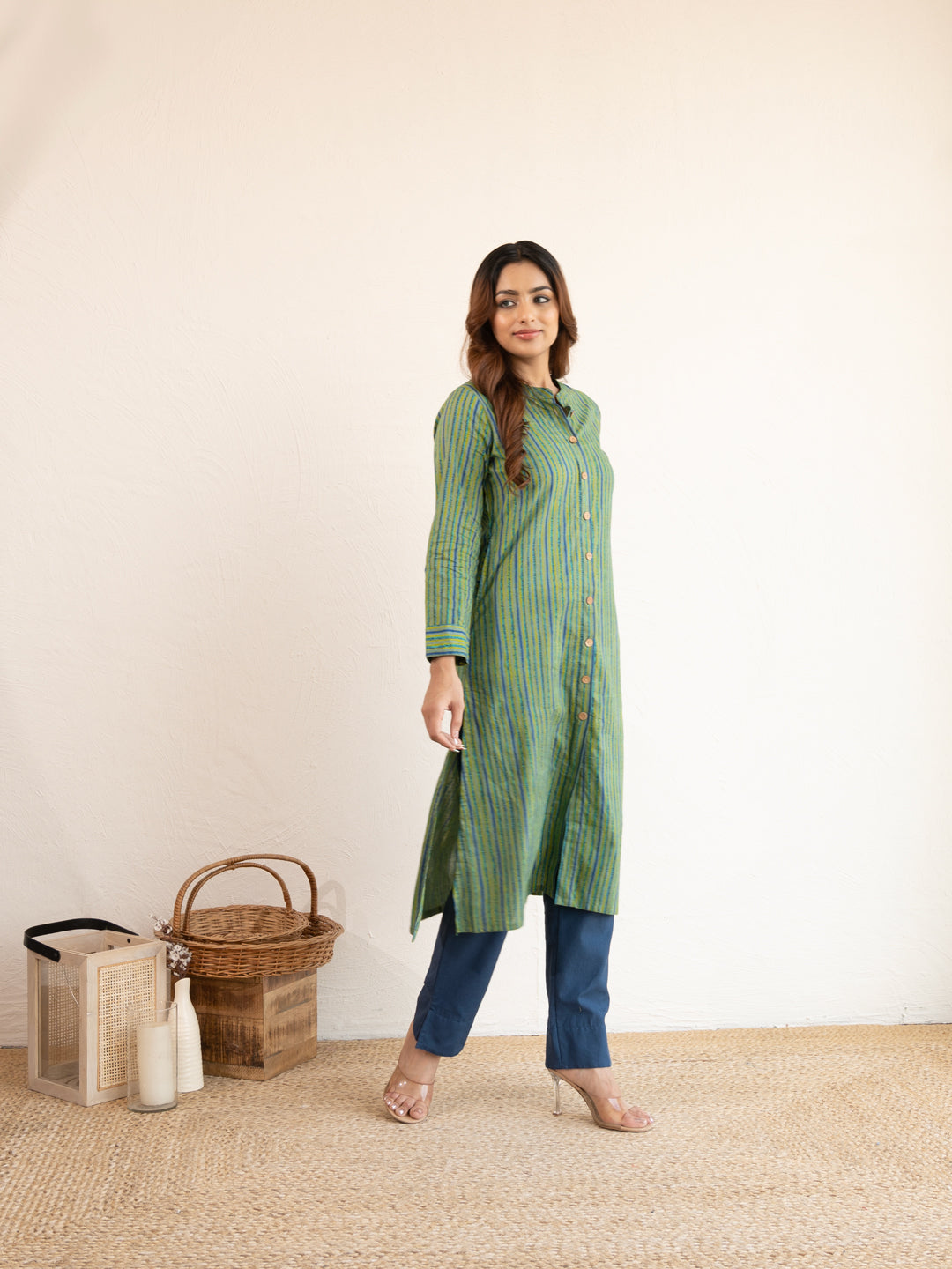 Green Stripe Printed A-Line Cotton Kurta