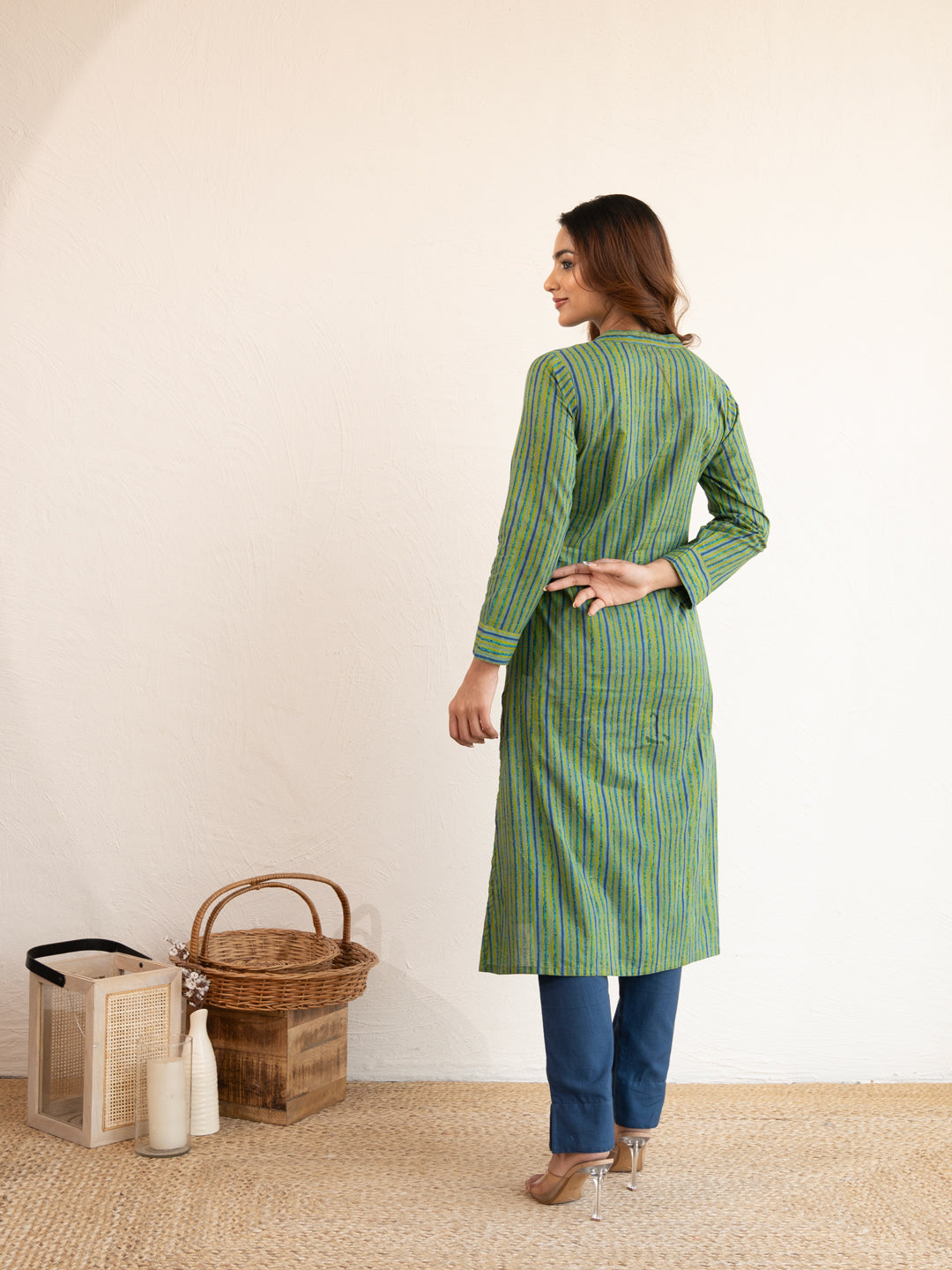 Green Stripe Printed A-Line Cotton Kurta