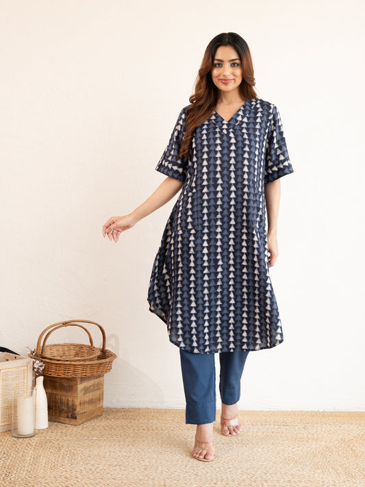 Indigo Triangle Print Cotton Rayon Kurta