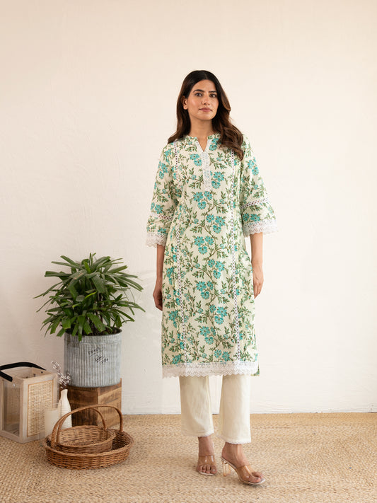 Ivory Floral Print Lace Work Cotton Suit