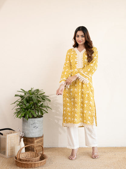 Mustard Yellow Lotus Printed Lace work Cotton Suit