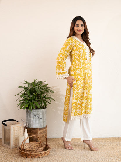 Mustard Yellow Lotus Printed Lace work Cotton Suit