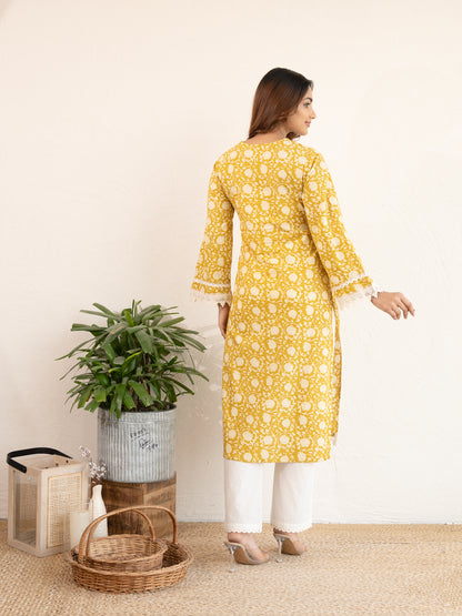 Mustard Yellow Lotus Printed Lace work Cotton Suit