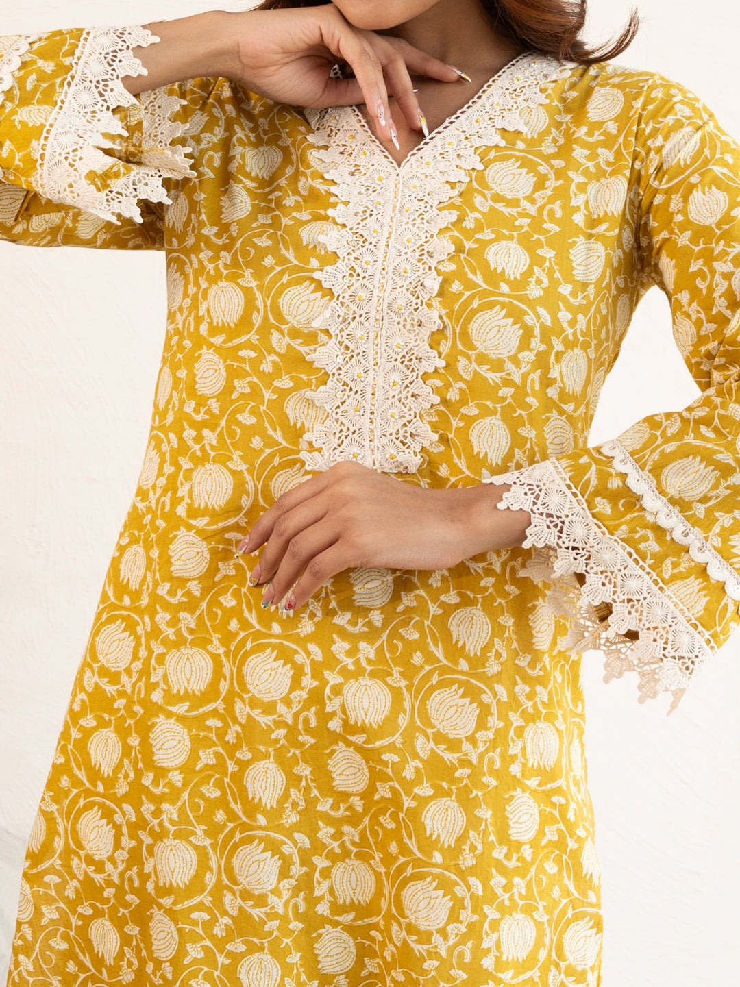 Mustard Yellow Lotus Printed Lace work Cotton Suit