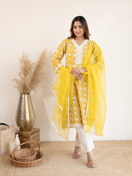 Mustard Yellow Lotus Printed Lace work Cotton Suit