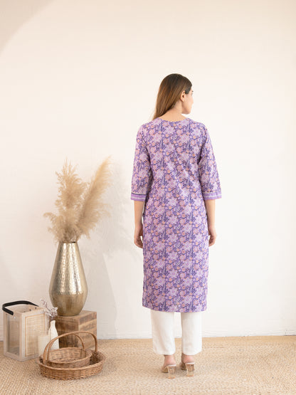 Lavender Flower Printed Cotton Kurta