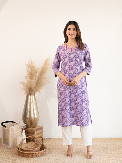 Lavender Flower Printed Cotton Kurta