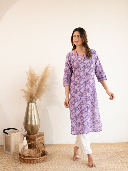 Lavender Flower Printed Cotton Kurta