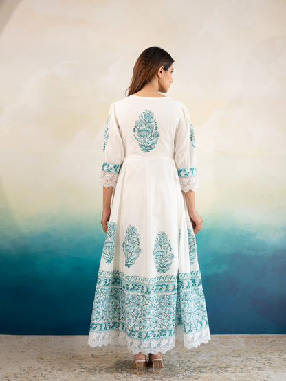 White & Blue Handblock Print Cotton Suit