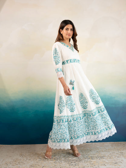 White & Blue Handblock Print Cotton Suit
