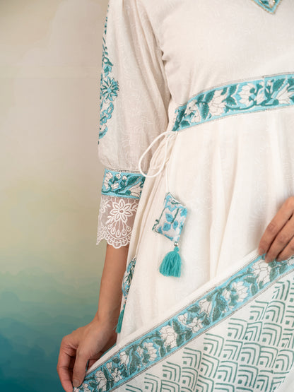 White & Blue Handblock Print Cotton Suit