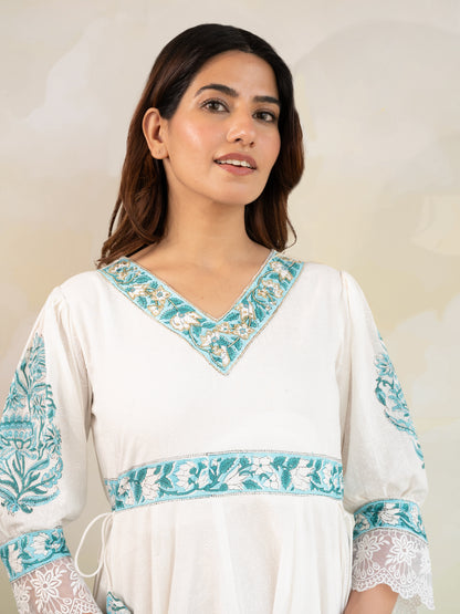 White & Blue Handblock Print Cotton Suit