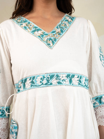 White & Blue Handblock Print Cotton Suit