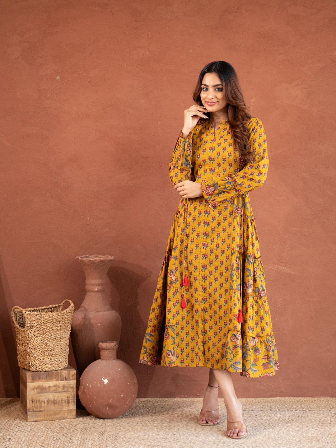 Turmeric Yellow Floral Print Cotton Dress