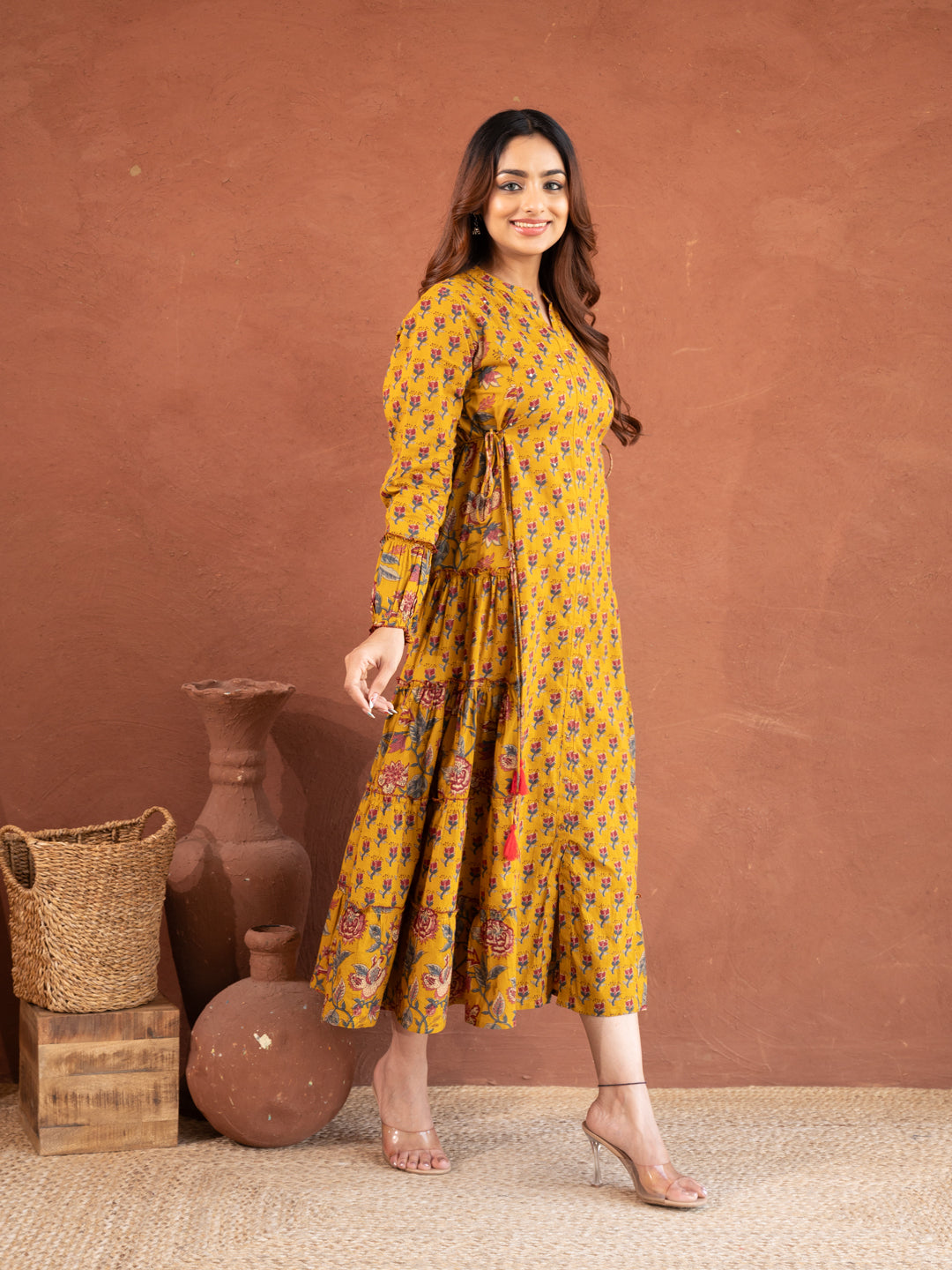 Turmeric Yellow Floral Print Cotton Dress