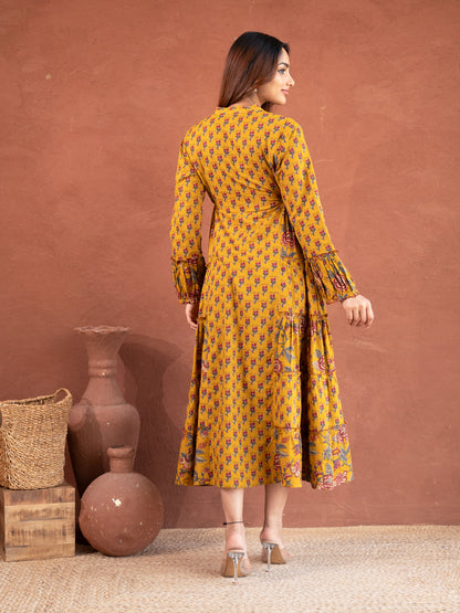 Turmeric Yellow Floral Print Cotton Dress