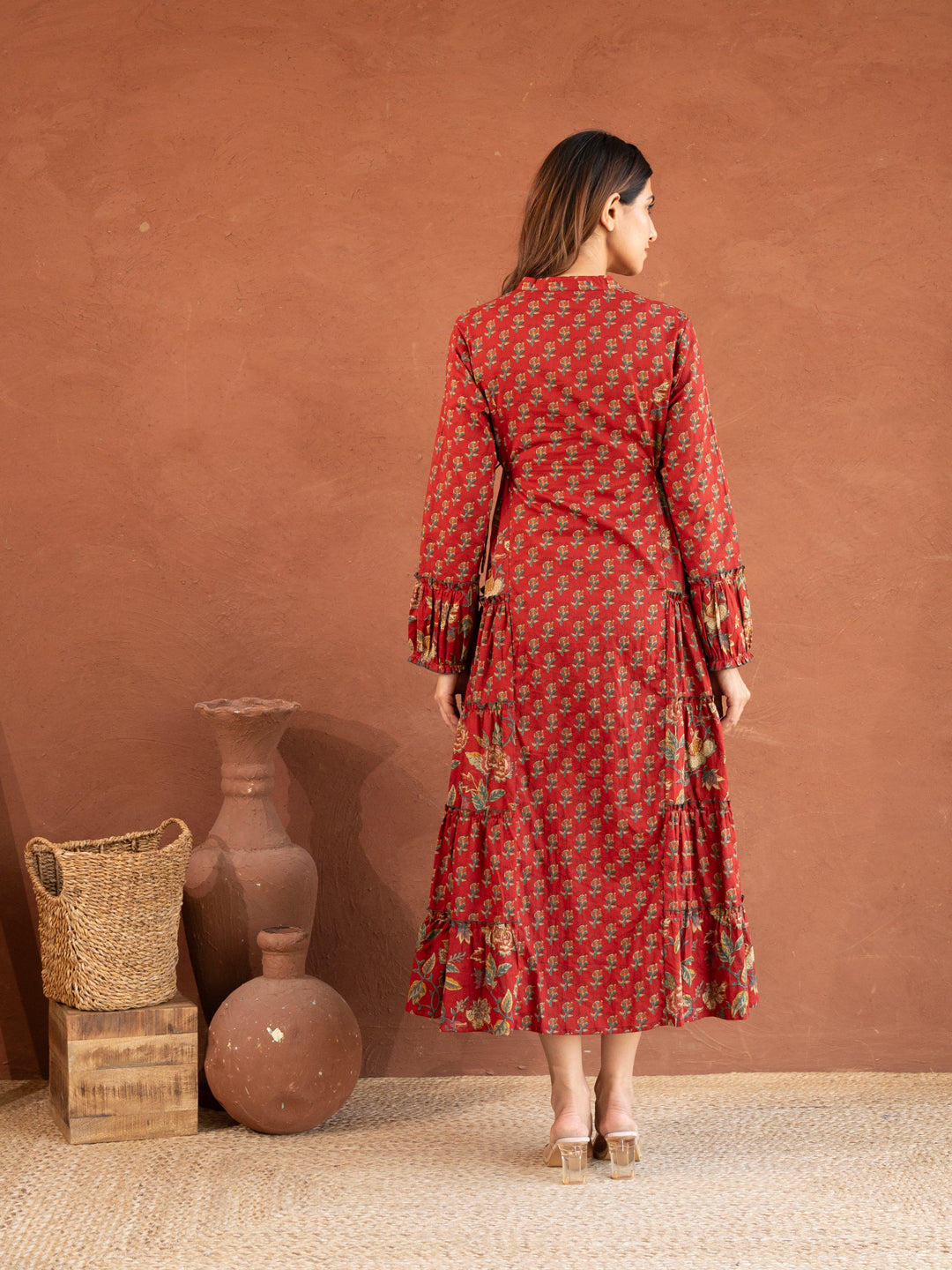 Cherry Red Floral Print Cotton Dress