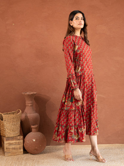 Cherry Red Floral Print Cotton Dress