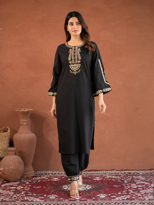 Rivaa Black Embroidered Festive Cotton Suit