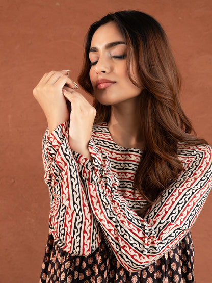 Black Bagru Print Cotton Dress