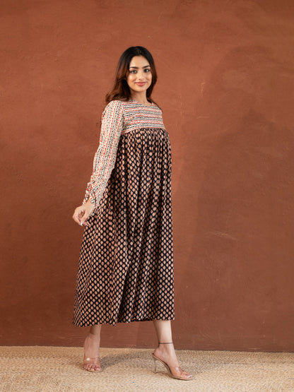 Black Bagru Print Cotton Dress