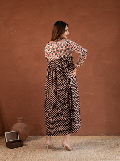 Black Bagru Print Cotton Dress