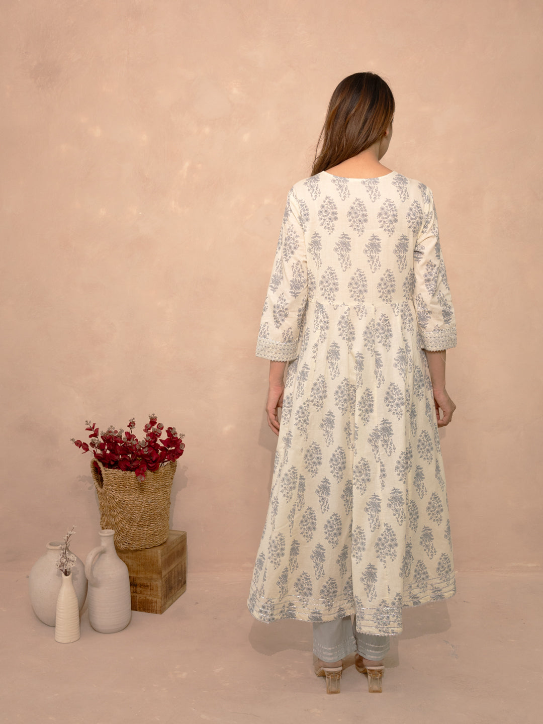 Ivory Block Print Gota Patti Festive Cotton Suit