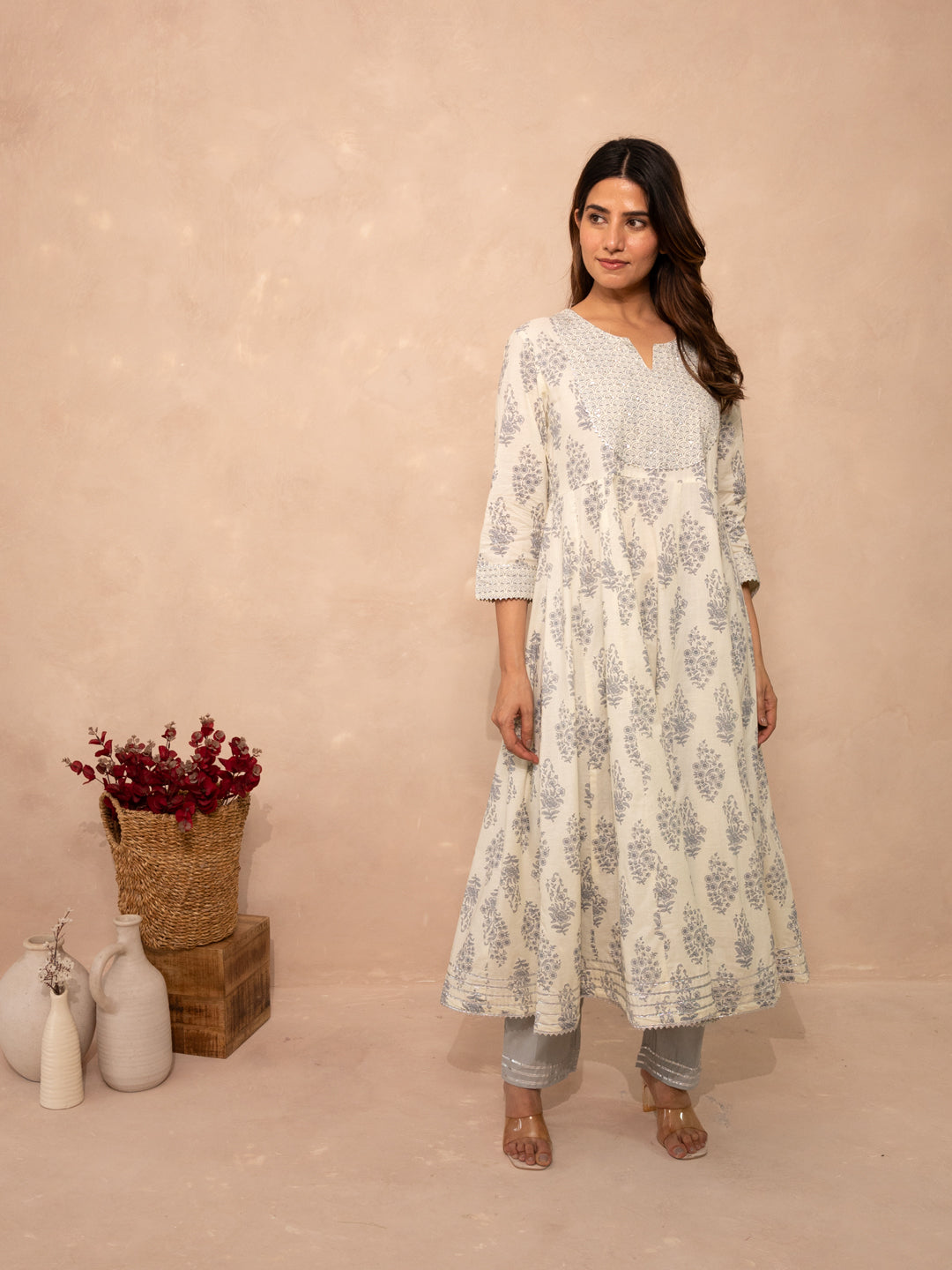 Ivory Block Print Gota Patti Festive Cotton Suit