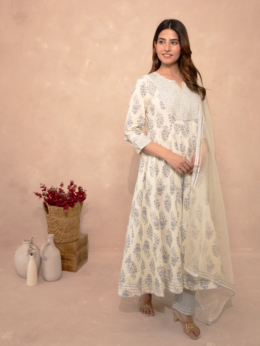 Ivory Block Print Gota Patti Festive Cotton Suit