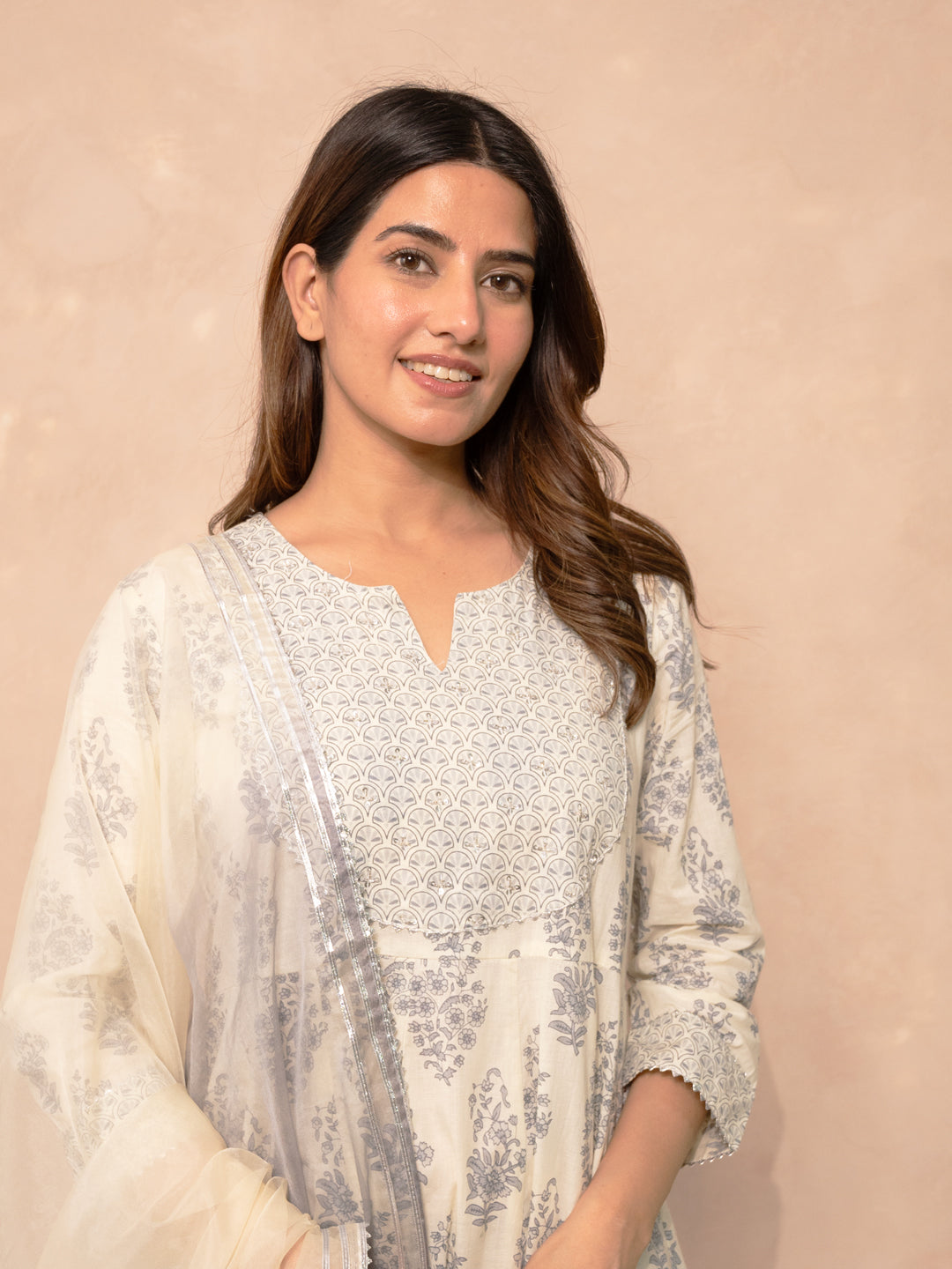 Ivory Block Print Gota Patti Festive Cotton Suit