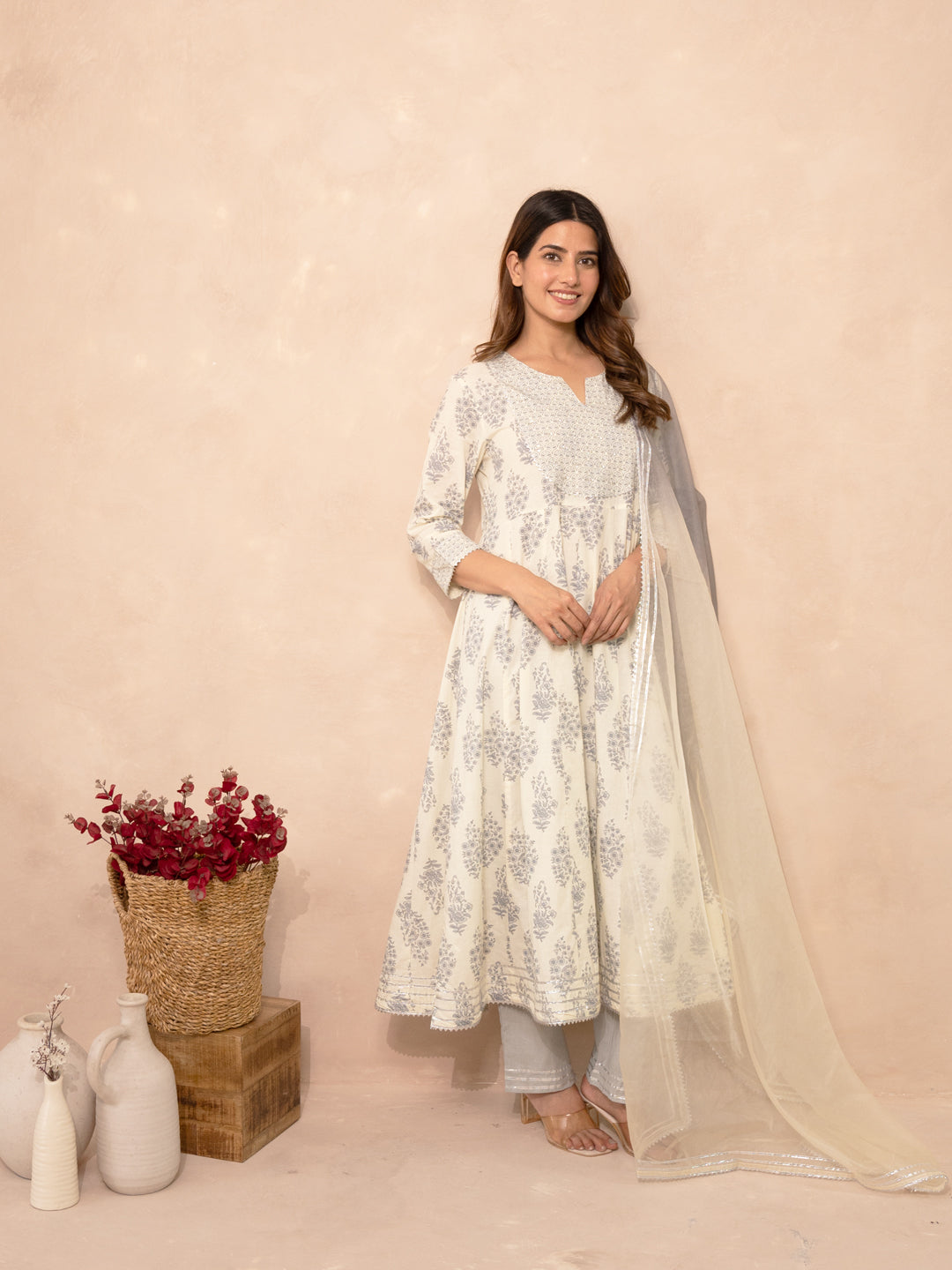 Ivory Block Print Gota Patti Festive Cotton Suit