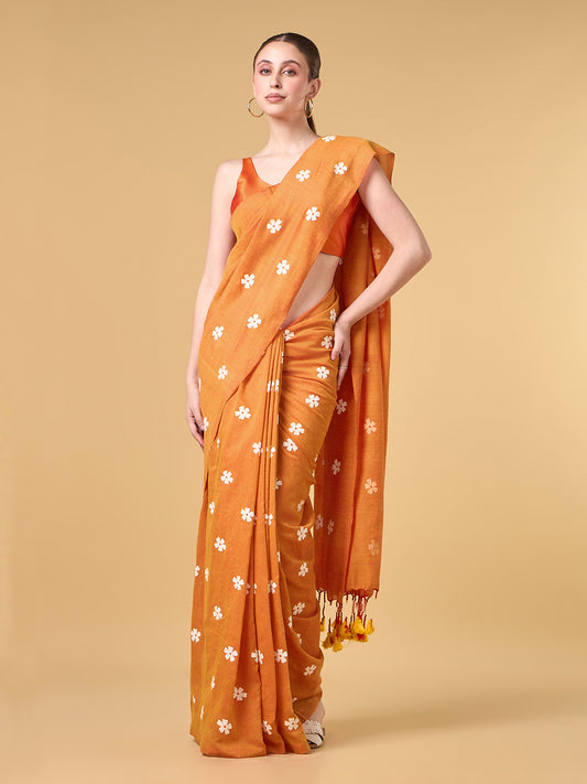 Saffron Parijat Handpainted Cotton Saree